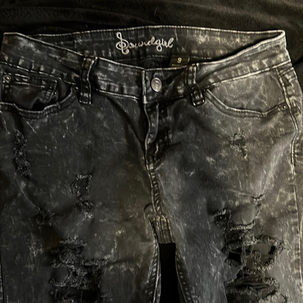Black/grey bleach wash jeans ripped and cut off size 9 but fits like a size 6